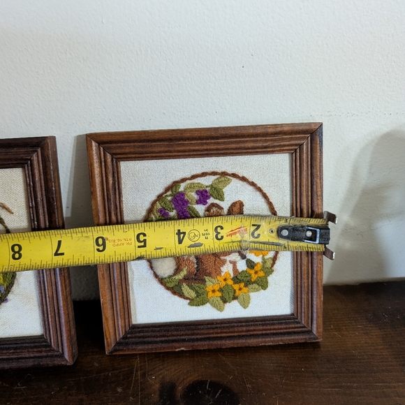 Vintage Crewel Pair Embroidered Woodland Animal Wall Art Set Rabbit Mouse - Picture 6 of 6